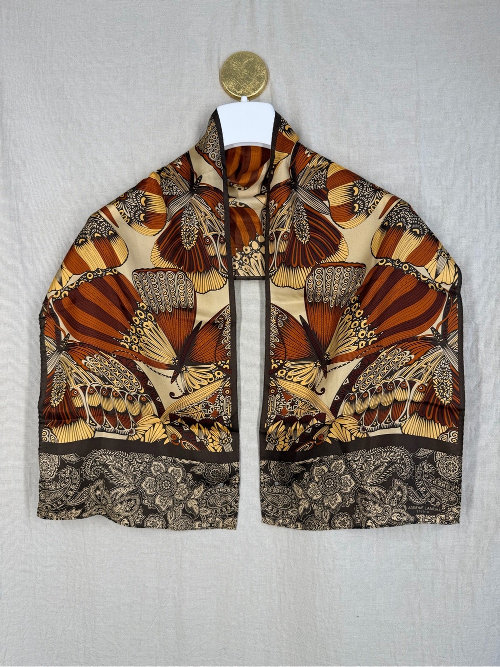 Adrienne Landau Studio 100% Silk Butterfly Scarf Brown Gold